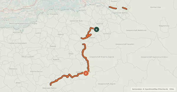 Kartenübersicht der Radroute Dobrovnik-Murska Sobota-Ptuj-Rogaška Slatina-Podčetrtek-Brežice-Novo mesto-Črnomelj-Metlika (Zdraviliščna kolesarska pot)