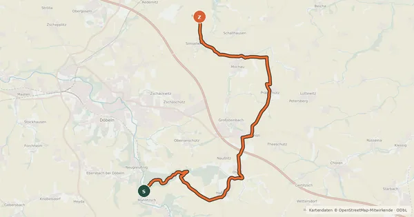 Kartenübersicht der Radroute Döbeln–Elbe-Nebenradroute