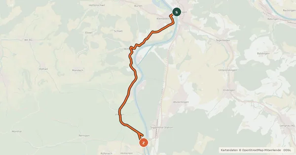 Kartenübersicht der Radroute Döttingen-Stilli
