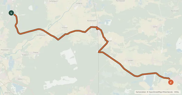 Kartenübersicht der Radroute Domsdorf-Grünewalde