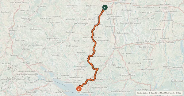 Kartenübersicht der Radroute Donau-Bodensee-Radweg