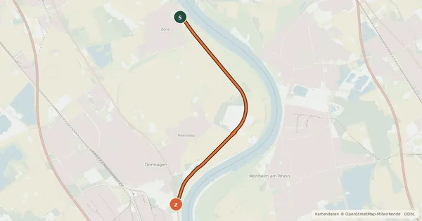 Kartenübersicht der Radroute Dormagen (34) - Dormagen (43)