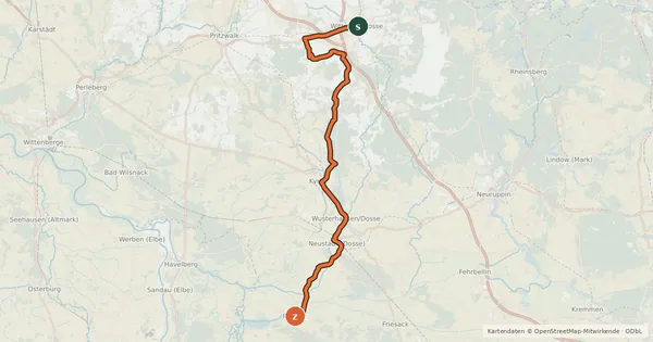Kartenübersicht der Radroute Dosse-Städte-Tour