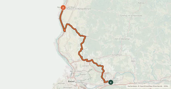 Kartenübersicht der Radroute Dreiland-Radweg (deutscher Abschnitt)