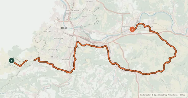 Kartenübersicht der Radroute Dreiland-Radweg (schweizer Abschnitt)