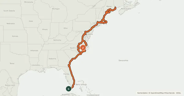 Kartenübersicht der Radroute East Coast Greenway (FL)