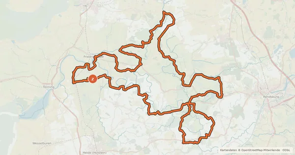 Kartenübersicht der Radroute Eider-Treene-Sorge-Radweg