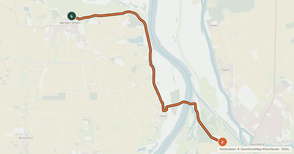 Kartenübersicht der Radroute Elberadweg Querung Werben–Havelberg