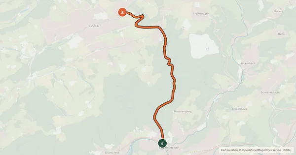 Kartenübersicht der Radroute Engelskirchen (61) - Lindlar (62)