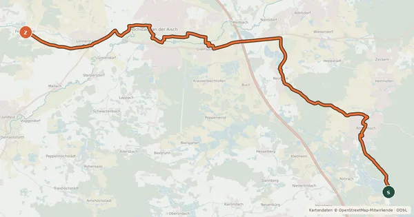 Kartenübersicht der Radroute Erlangen-Höchstadt Radfernwanderweg B