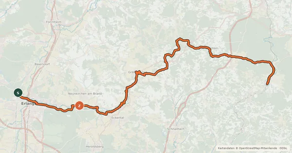 Kartenübersicht der Radroute Erlangen-Pegnitztal-Radweg