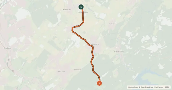 Kartenübersicht der Radroute Eschweiler (89) - Stolberg (96)