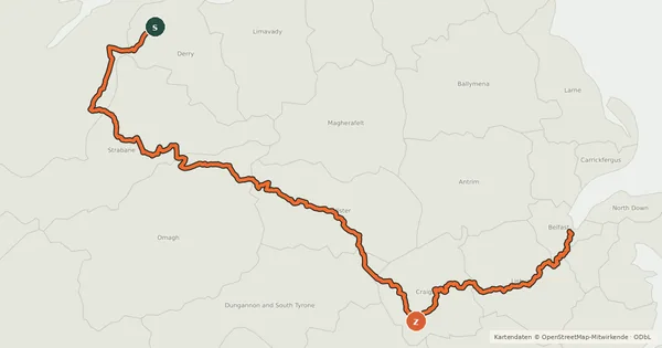 Kartenübersicht der Radroute EuroVelo 1 - Atlantic Coast Route - part Northern Ireland