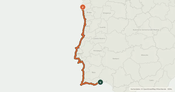 Kartenübersicht der Radroute EuroVelo 1 - Atlantic Coast Route - part Portugal 1