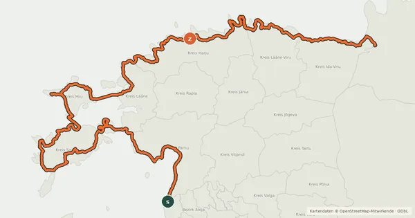 Kartenübersicht der Radroute EuroVelo 10 - Baltic Sea Cycle Route - part Estonia