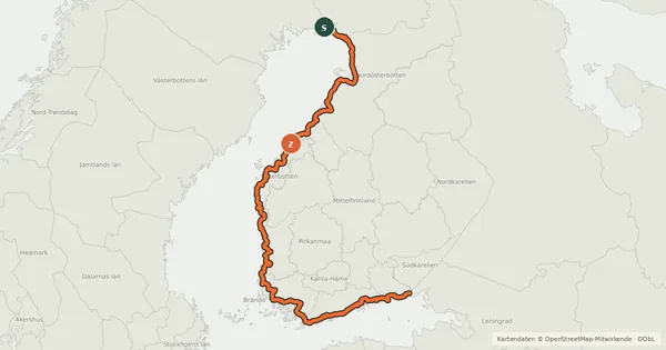 Kartenübersicht der Radroute EuroVelo 10 - Baltic Sea Cycle Route - part Finland