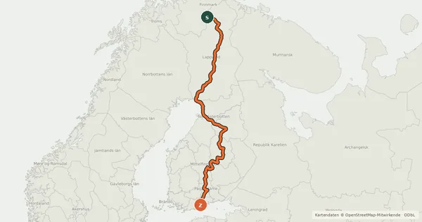Kartenübersicht der Radroute EuroVelo 11 - East Europe Route - part Finland