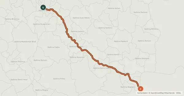 Kartenübersicht der Radroute EuroVelo 11 - East Europe Route - part North Macedonia