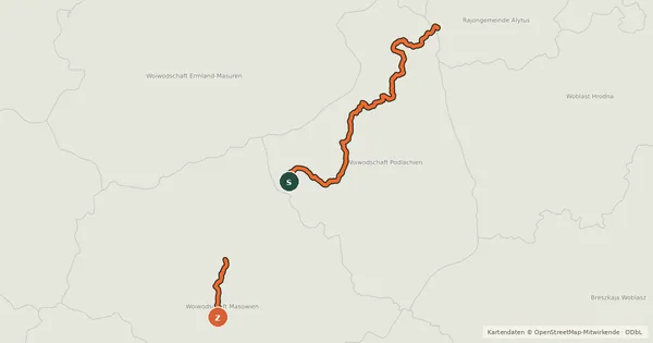 Kartenübersicht der Radroute EuroVelo 11 - East Europe Route - part Poland 1