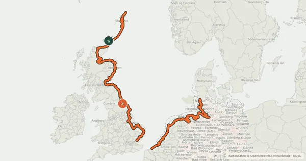 Kartenübersicht der Radroute EuroVelo 12 - North Sea Cycle Route - part United Kingdom 10