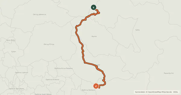Kartenübersicht der Radroute EuroVelo 13 - Iron Curtain Trail - part Bulgaria West