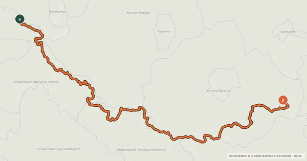 Kartenübersicht der Radroute EuroVelo 13 - Iron Curtain Trail - part Croatia/Hungary