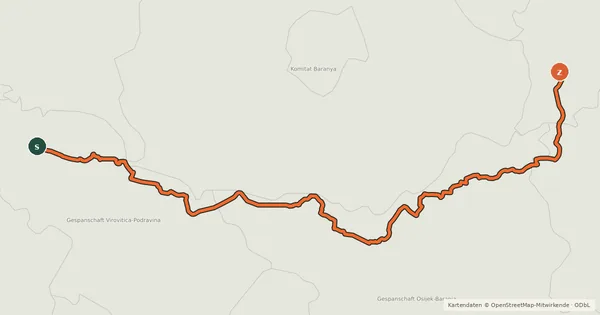 Kartenübersicht der Radroute EuroVelo 13 - Iron Curtain Trail - part Croatia/Serbia/Hungary - alternative route