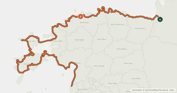 Kartenübersicht der Radroute Eurovelo 13 - Iron Curtain Trail - part Estonia