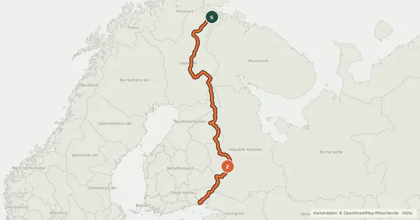 Kartenübersicht der Radroute Eurovelo 13 - Iron Curtain Trail - part Finland