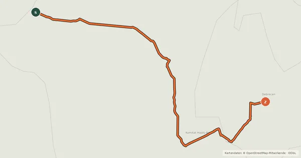 Kartenübersicht der Radroute EuroVelo 14 - Hungary – Tiszacsege–Debrecen