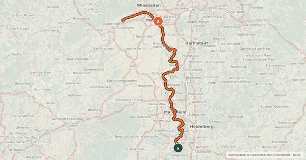 Kartenübersicht der Radroute EuroVelo 15 - Rheinradweg - Ingelheim–Grenze Rhein-Neckar-Kreis/Landkreis Karlsruhe