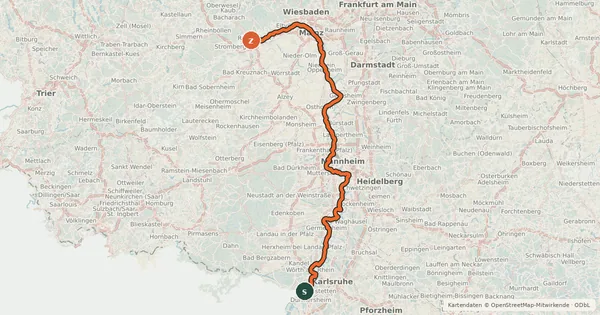 Kartenübersicht der Radroute EuroVelo 15 - Rheinradweg - Teilstrecke Grenze Frankreich - Bingen