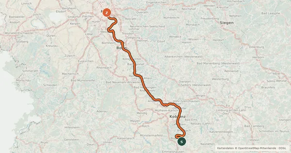 Kartenübersicht der Radroute EuroVelo 15 - Rheinradweg - Teilstrecke Kamp-Bornhofen - Köln