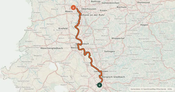 Kartenübersicht der Radroute EuroVelo 15 - Rheinradweg - Teilstrecke Köln - Moers