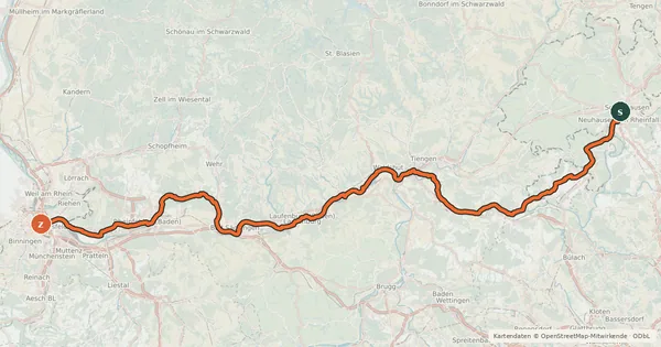 Kartenübersicht der Radroute EuroVelo 15 - Rheinradweg - Teilstrecke Schaffhausen - Basel