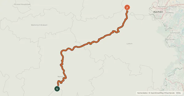 Kartenübersicht der Radroute EuroVelo 19 - La Meuse à Vélo - Tronçon Belgique