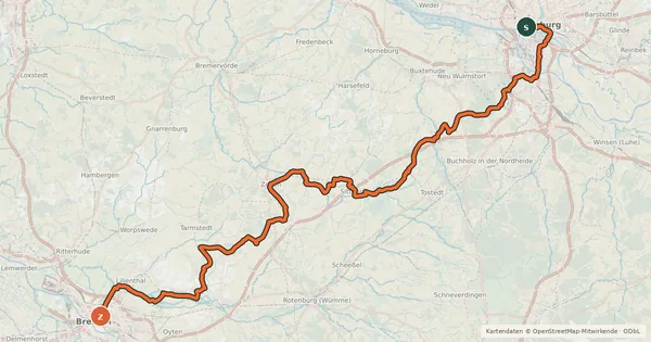 Kartenübersicht der Radroute EuroVelo 3 - Pilgrim's Route - part Germany #3 Radfernweg Hamburg-Bremen