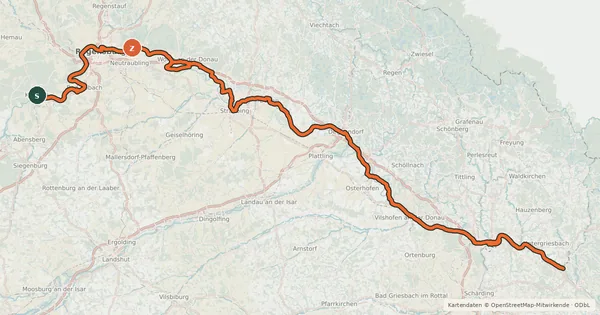 Kartenübersicht der Radroute EuroVelo 6 - Atlantic-Black Sea - part Germany - Bavaria