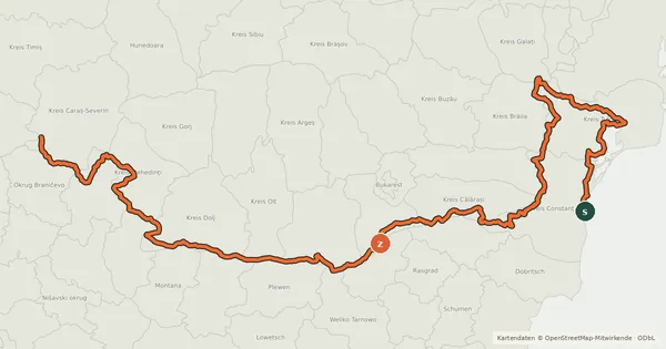 Kartenübersicht der Radroute EuroVelo 6 - Atlantic-Black Sea - part Romania