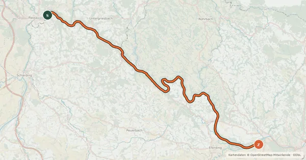 Kartenübersicht der Radroute EuroVelo 6 - part Austria - leg 1 south