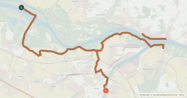 Kartenübersicht der Radroute EuroVelo 6 - part Austria - leg 4 south (St. Georgen - Mauthausen)