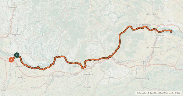 Kartenübersicht der Radroute EuroVelo 6 - part Austria - leg 6 south (Mauthausen - Altwörth)