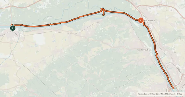 Kartenübersicht der Radroute EuroVelo 6 - part Austria - leg 8 north (Tulln - Wien)