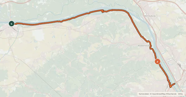 Kartenübersicht der Radroute EuroVelo 6 - part Austria - leg 8 south (Tulln - Wien)
