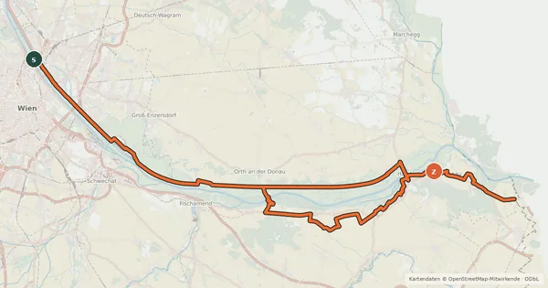 Kartenübersicht der Radroute EuroVelo 6 - part Austria - leg 9 common (Wien - Bratislava)