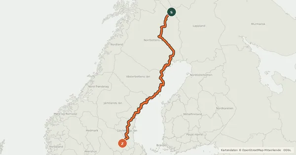 Kartenübersicht der Radroute EuroVelo 7 - Sun Route - part Sweden 1