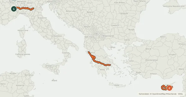Kartenübersicht der Radroute EuroVelo 8 - Ciclovia del Mediterraneo - parte Italia 4b