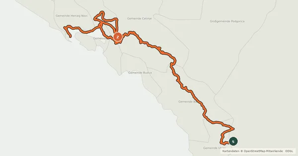 Kartenübersicht der Radroute EuroVelo 8 - Mediterranean Route - part Montenegro