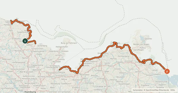 Kartenübersicht der Radroute EV10 Ostseeküsten-Radweg - Abschnitt Deutschland SH-Nordost