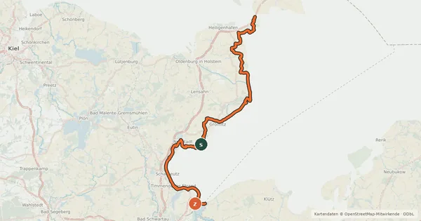 Kartenübersicht der Radroute EV10 Ostseeküsten-Radweg - Abschnitt Deutschland SH-Südost